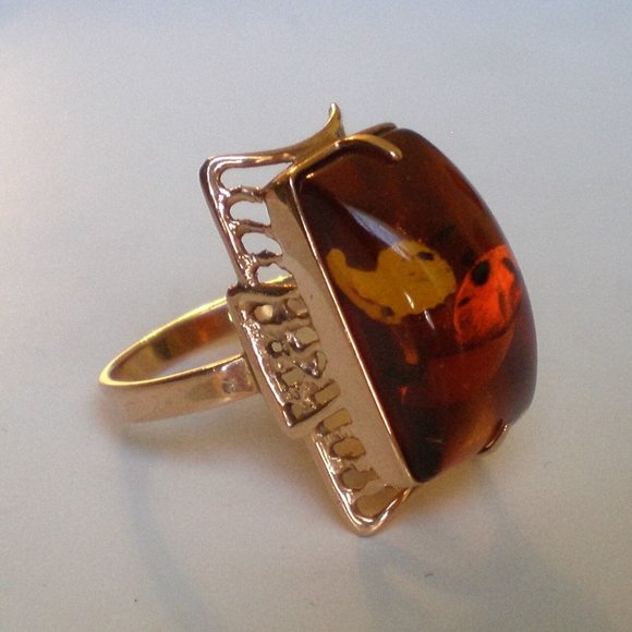 Vintage Russian Russia 14K 583 Rose Pink Gold Baltic Honey Amber Cocktail RING - Picture 3 of 10